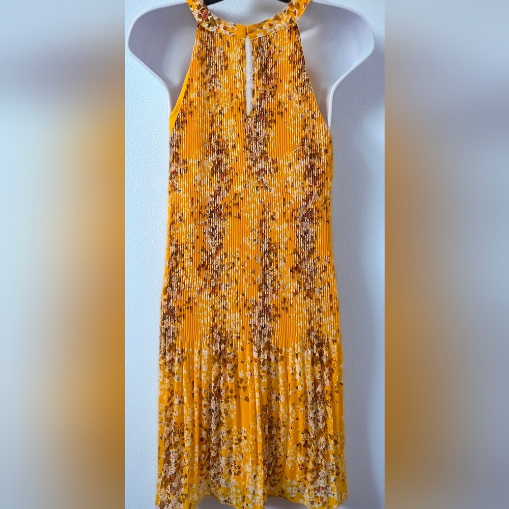 560. Maison d'Amélie Yellow Pleated Floral Halter Mini Dress- Medium - Picture 3 of 5